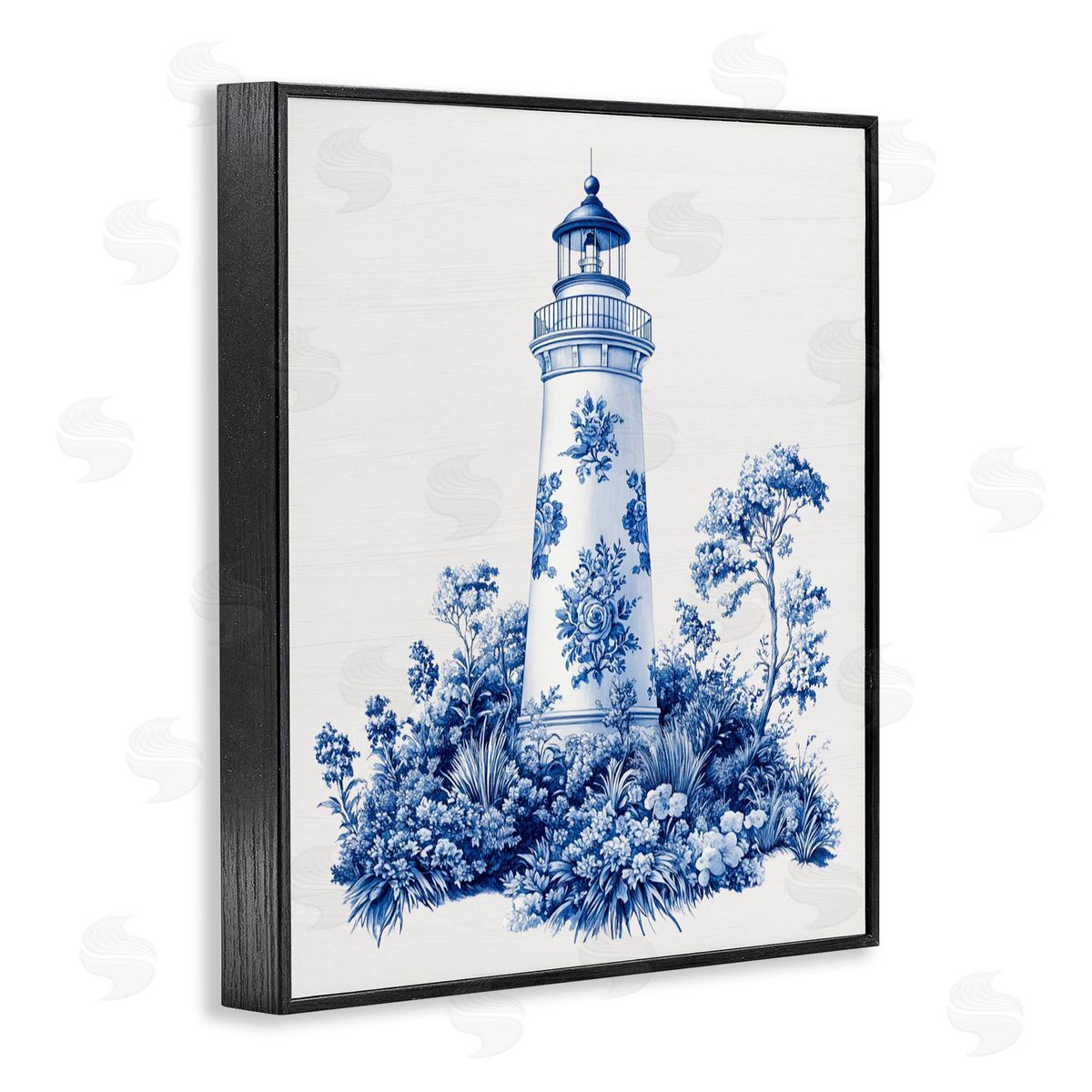 Lettered and Lined Toile Patterned Lighthouse Black Framed Giclee Print Wall Art