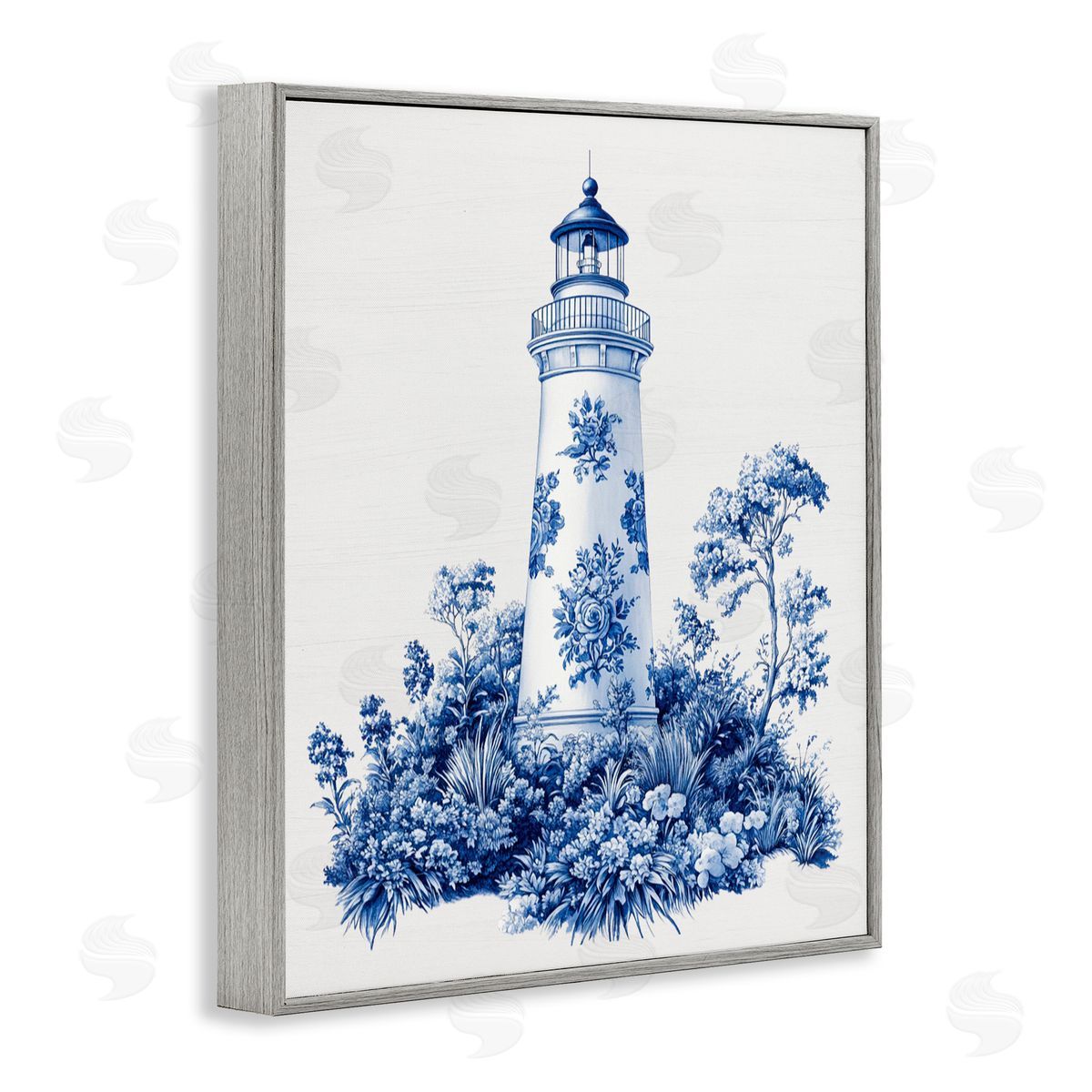 Lettered and Lined Toile Patterned Lighthouse Gray Framed Giclee Print Wall Art