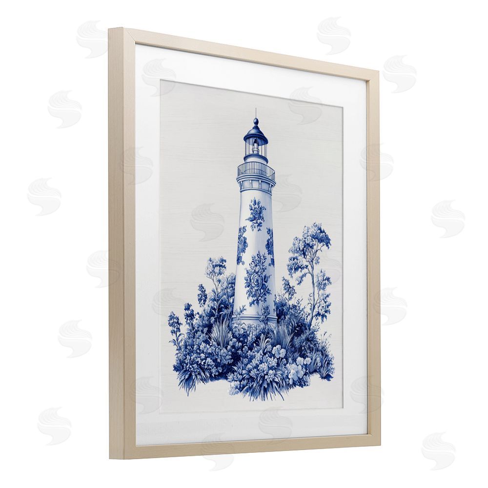 Lettered and Lined Toile Patterned Lighthouse Brown Framed Print Under Glass Wall Art