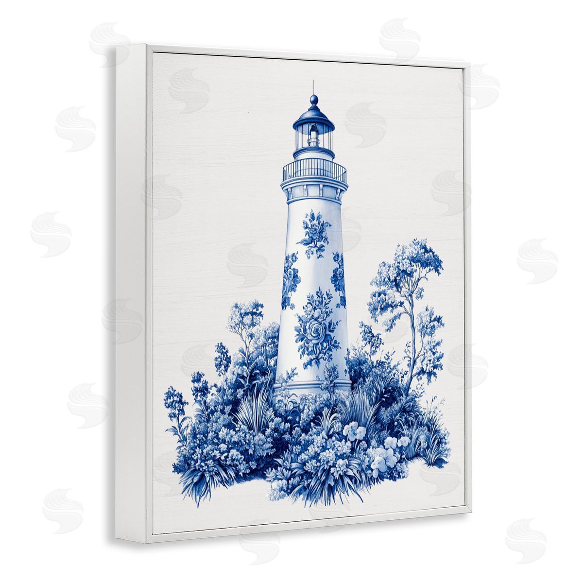Lettered and Lined Toile Patterned Lighthouse White Framed Giclee Print Wall Art