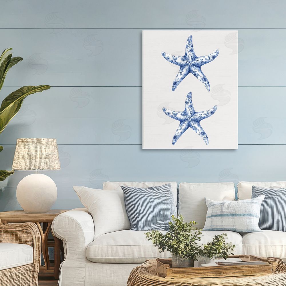 Lettered and Lined Vintage Toile Starfish Stretched Canvas Wall Art Print in Room