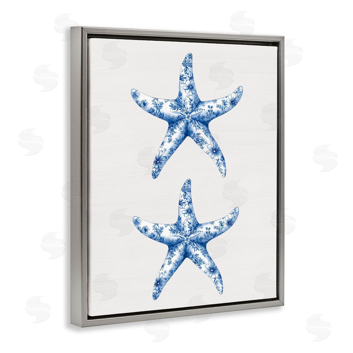 Lettered and Lined Vintage Toile Starfish Gray Floating Frame Canvas Wall Art Print