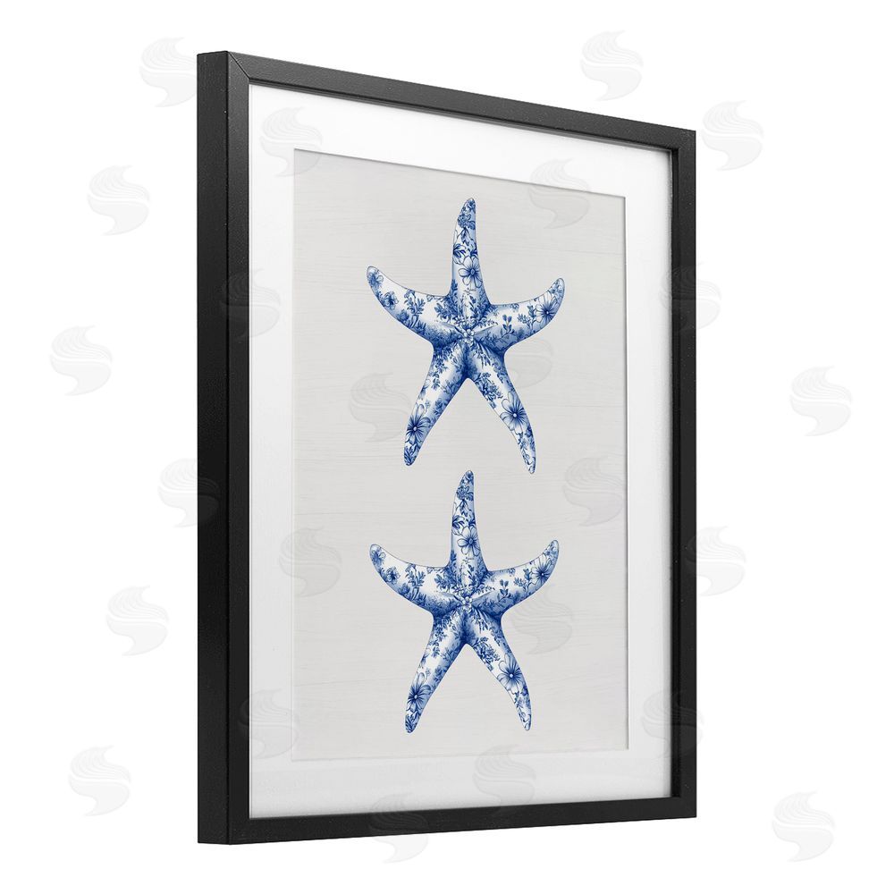 Lettered and Lined Vintage Toile Starfish Black Framed Print Under Glass Wall Art