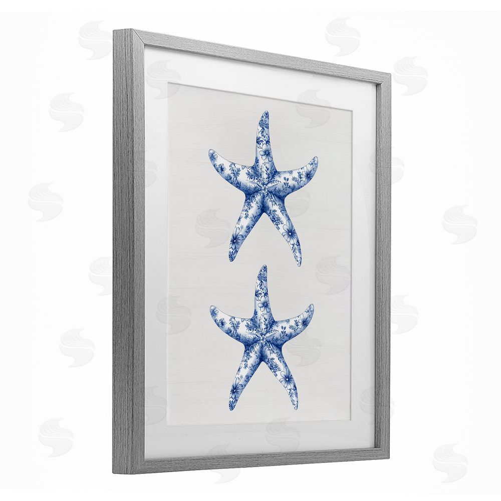 Lettered and Lined Vintage Toile Starfish Gray Framed Print Under Glass Wall Art