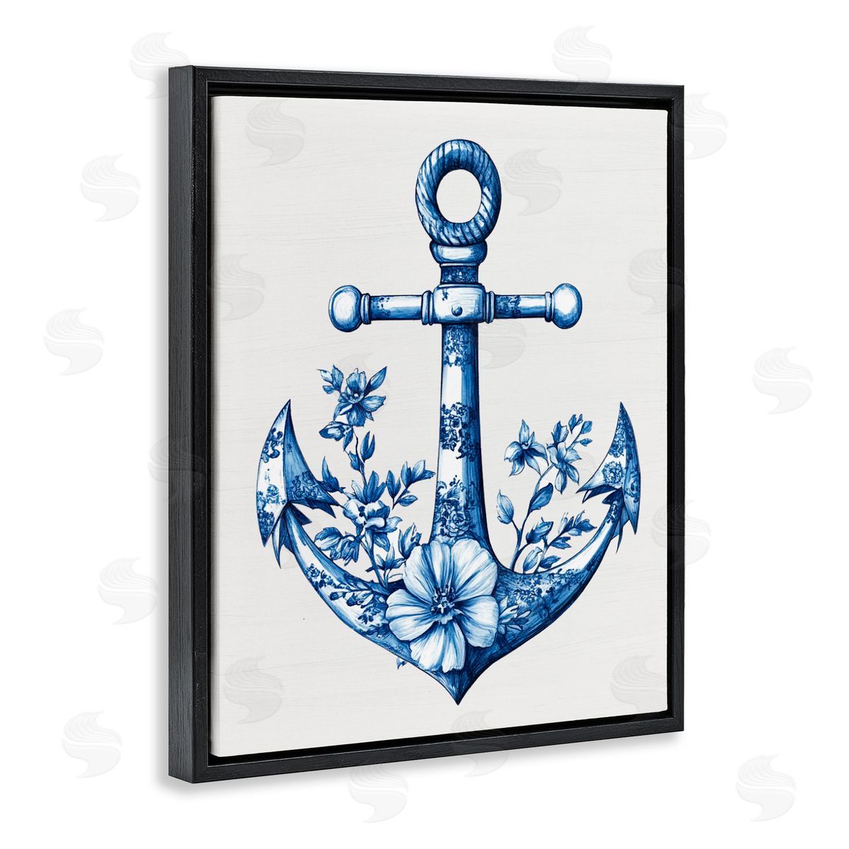 Lettered and Lined Toile Patterned Anchor Black Floating Frame Canvas Wall Art Print
