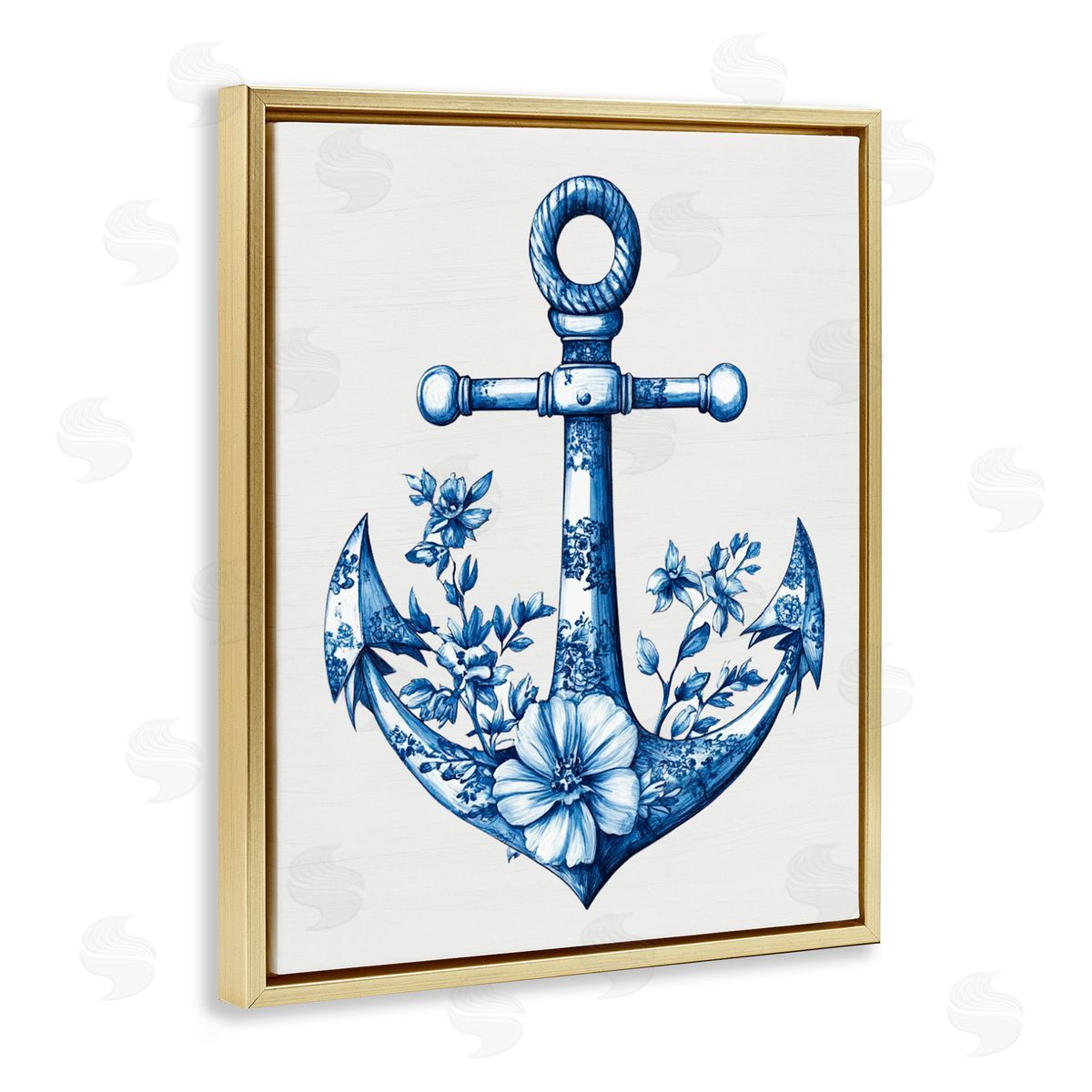 Lettered and Lined Toile Patterned Anchor Gold Floating Frame Canvas Wall Art Print