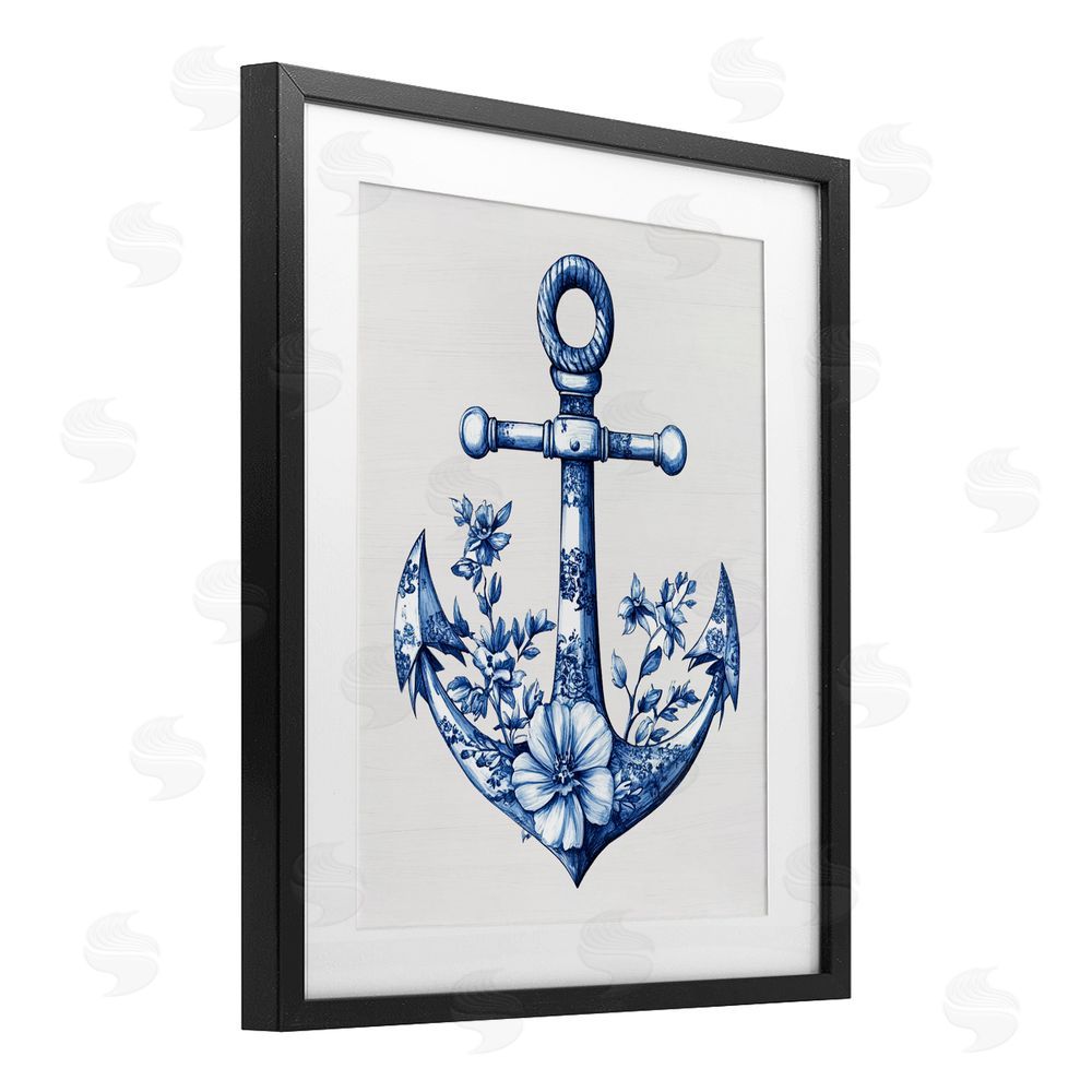 Lettered and Lined Toile Patterned Anchor Black Framed Print Under Glass Wall Art