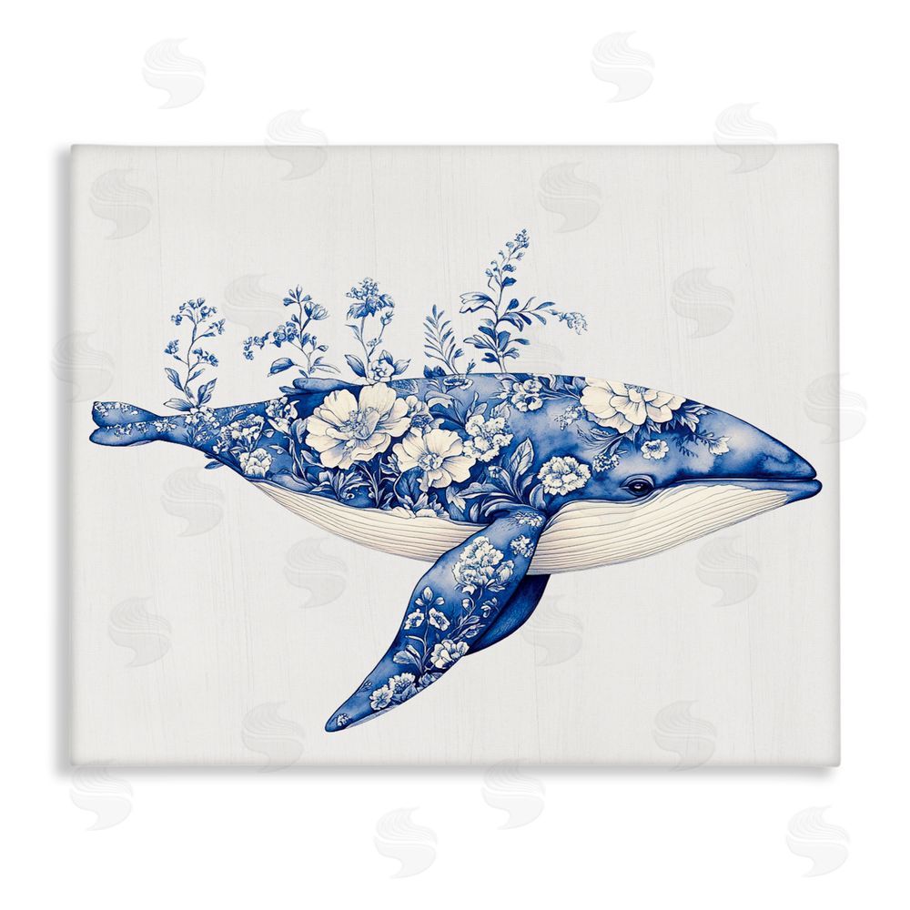 Lettered and Lined Blooming Toile Whale Stretched Canvas Wall Art Print
