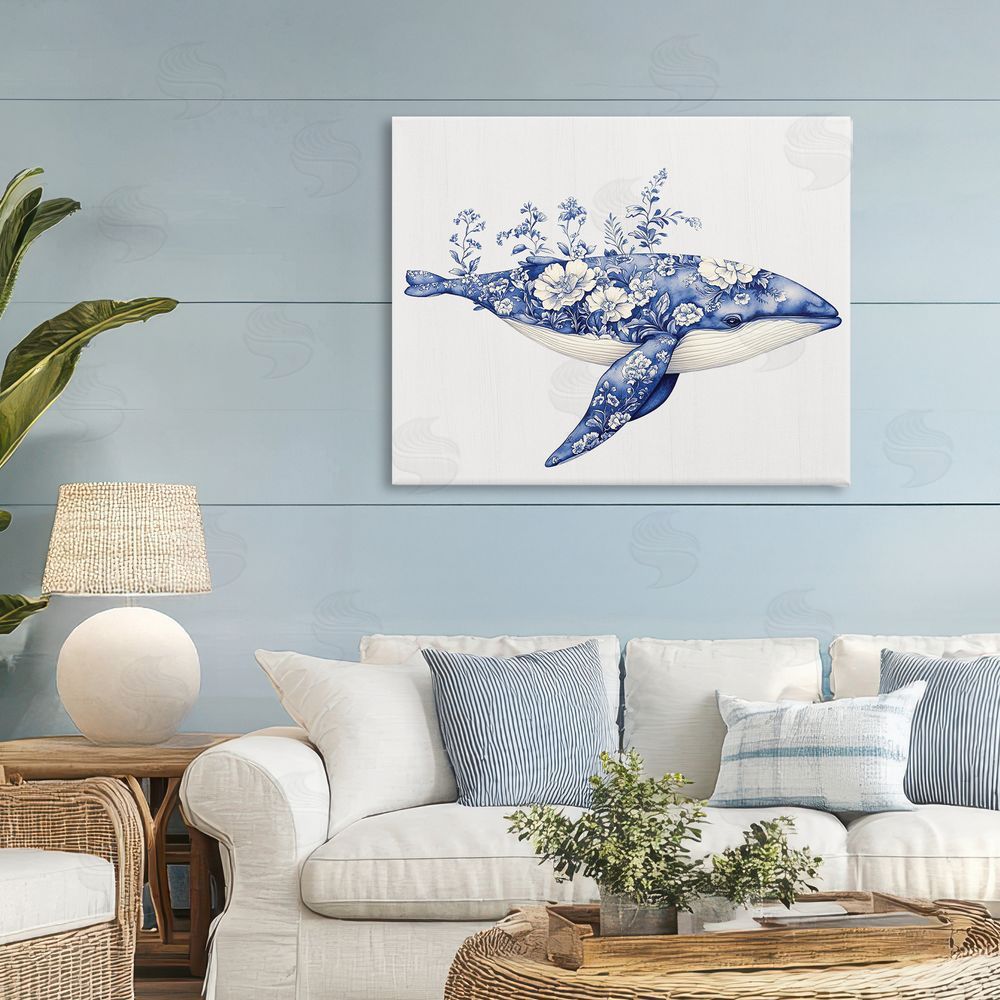 Lettered and Lined Blooming Toile Whale Stretched Canvas Wall Art Print in Room