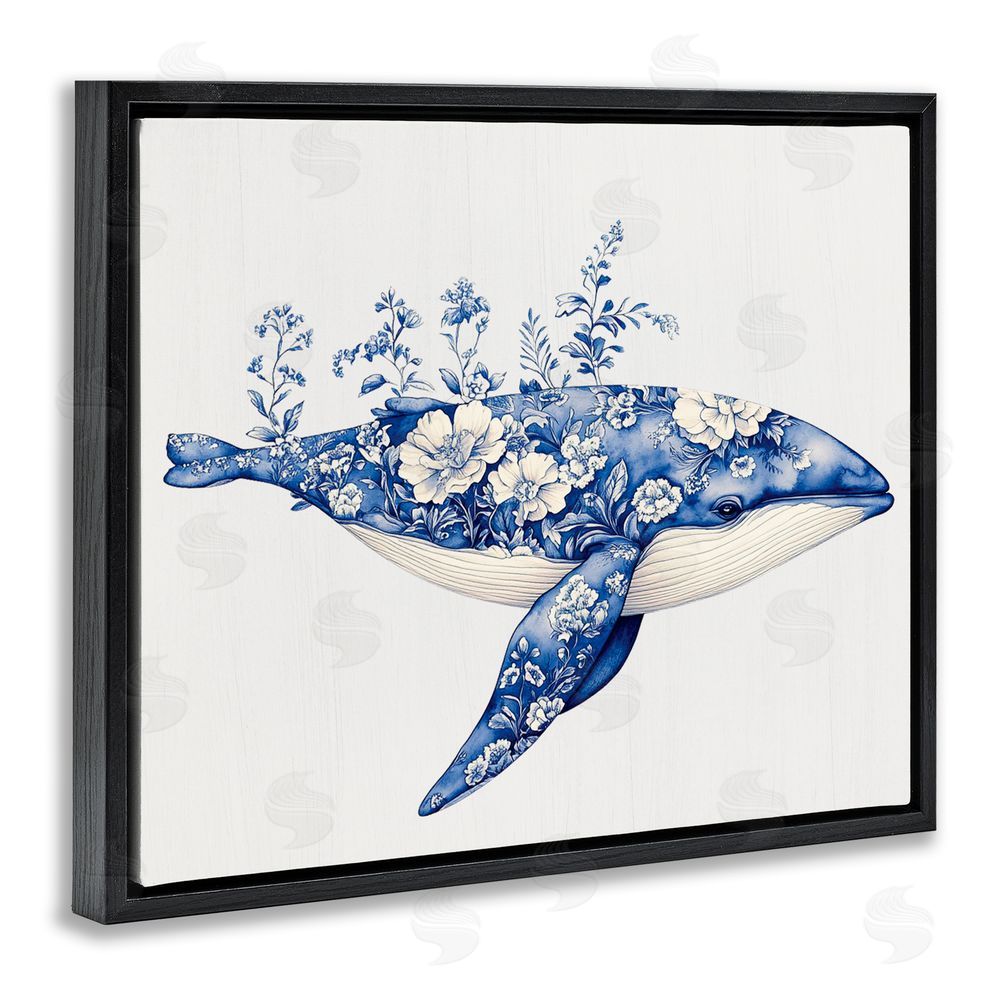 Lettered and Lined Blooming Toile Whale Black Floating Frame Canvas Wall Art Print