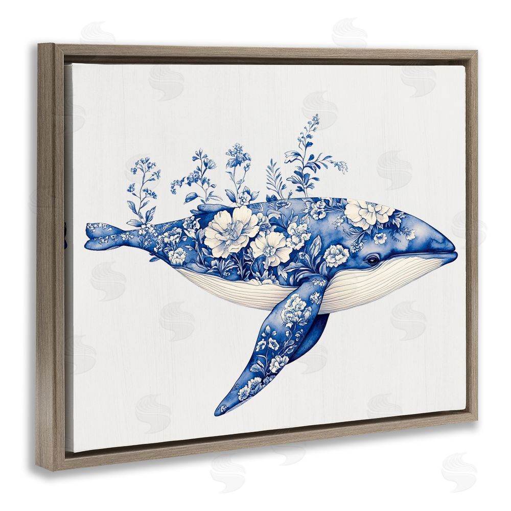 Lettered and Lined Blooming Toile Whale Brown Floating Frame Canvas Wall Art Print
