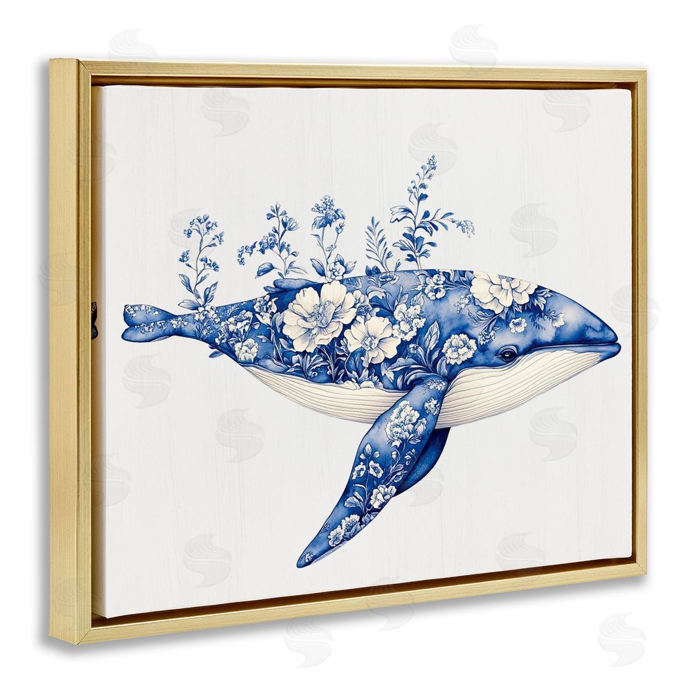 Lettered and Lined Blooming Toile Whale Gold Floating Frame Canvas Wall Art Print
