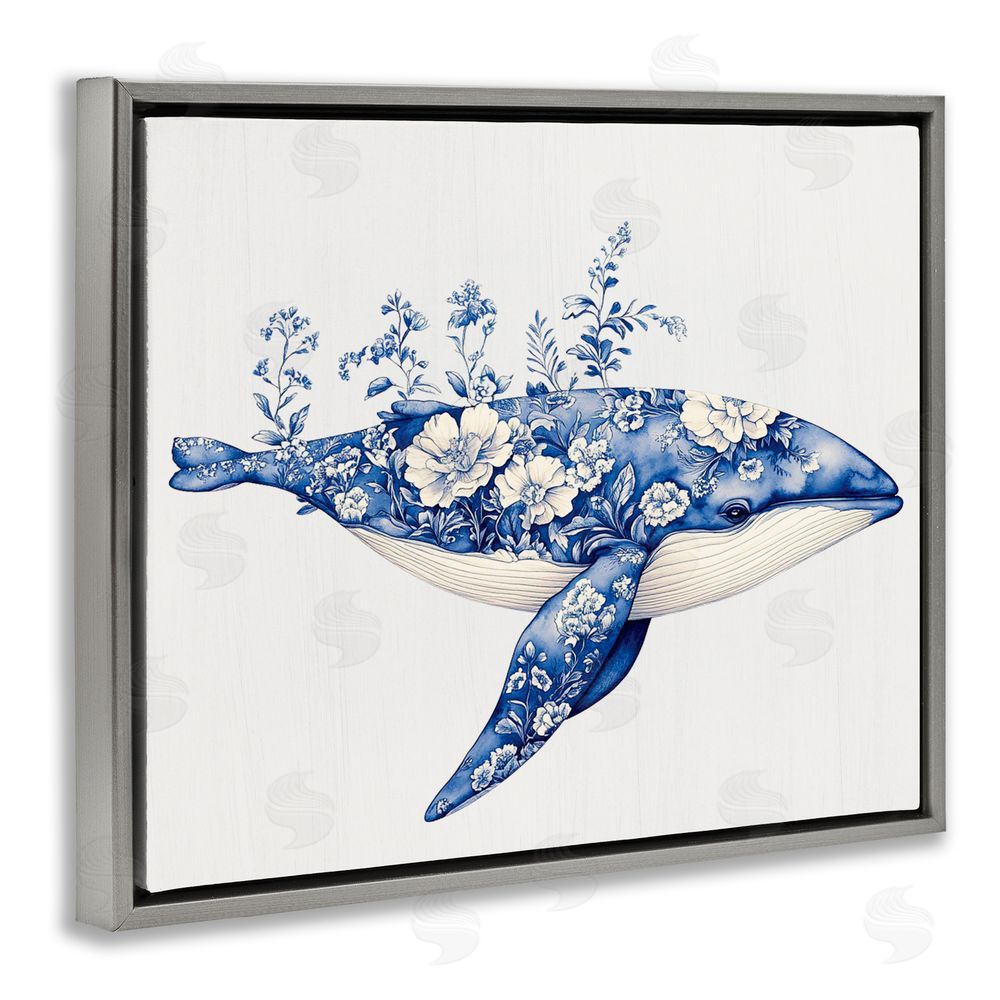 Lettered and Lined Blooming Toile Whale Gray Floating Frame Canvas Wall Art Print