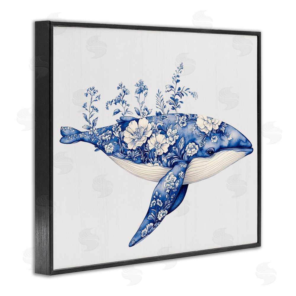 Lettered and Lined Blooming Toile Whale Black Framed Giclee Print Wall Art