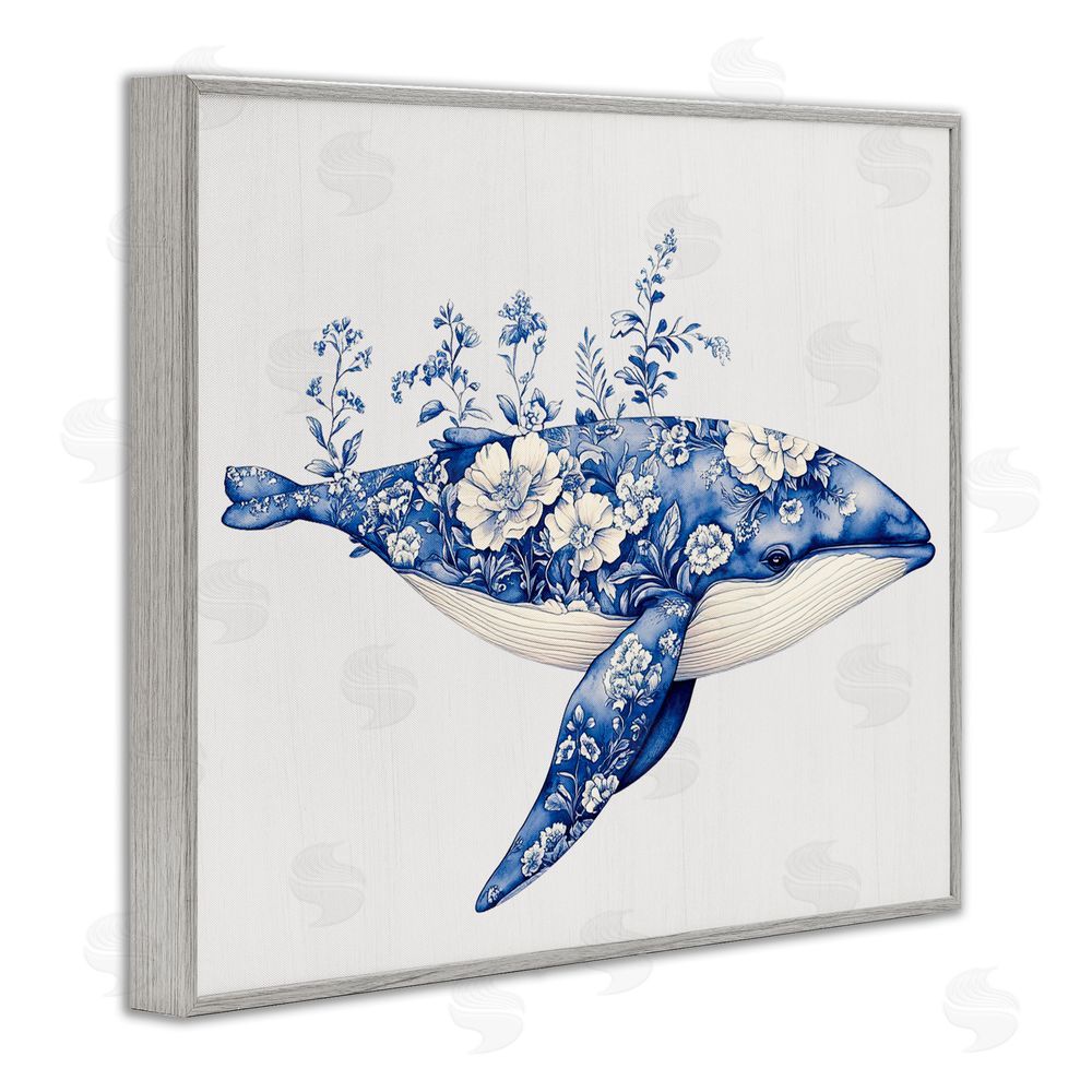 Lettered and Lined Blooming Toile Whale Gray Framed Giclee Print Wall Art