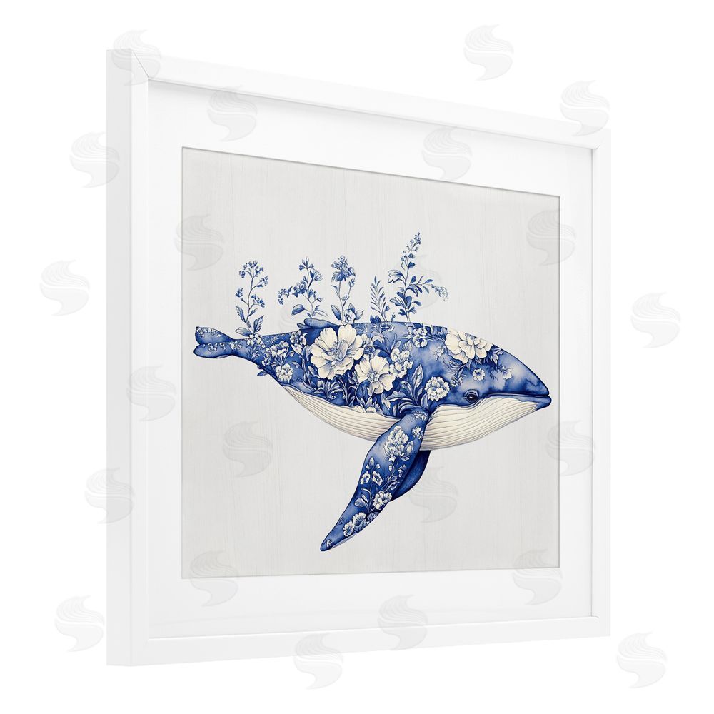 Lettered and Lined Blooming Toile Whale White Framed Print Under Glass Wall Art