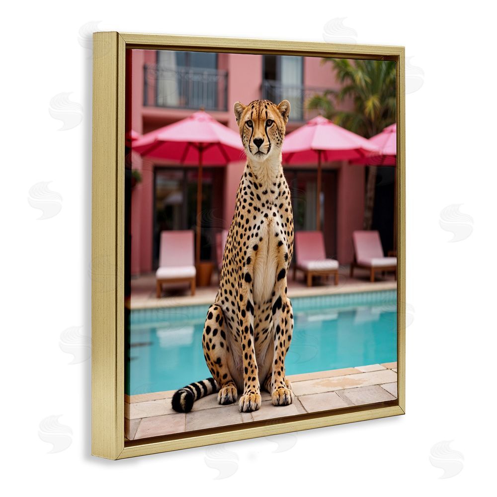 Lettered and Lined Cheetah Posed at Poolside Gold Floating Frame Canvas Wall Art Print