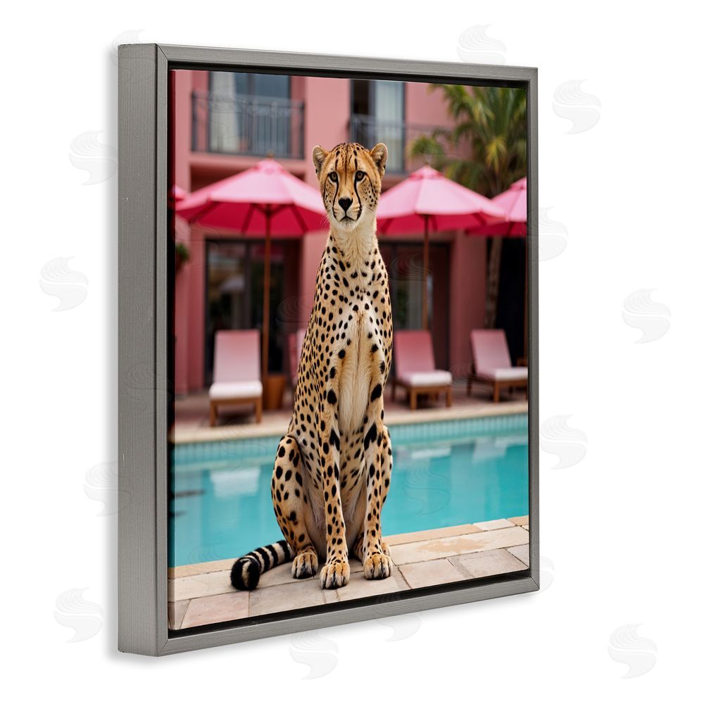 Lettered and Lined Cheetah Posed at Poolside Gray Floating Frame Canvas Wall Art Print