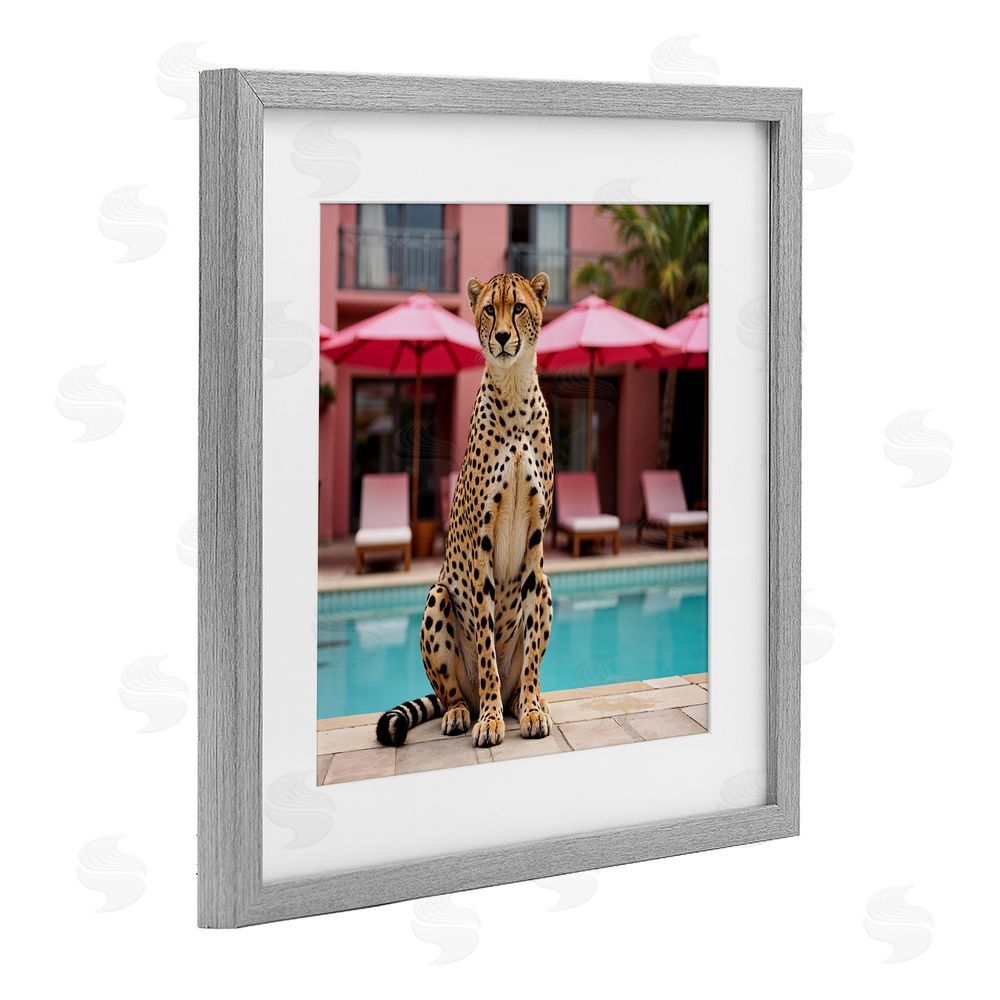 Lettered and Lined Cheetah Posed at Poolside Gray Framed Print Under Glass Wall Art
