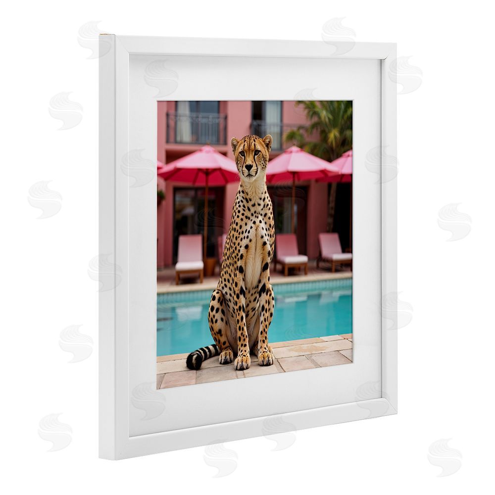 Lettered and Lined Cheetah Posed at Poolside White Framed Print Under Glass Wall Art