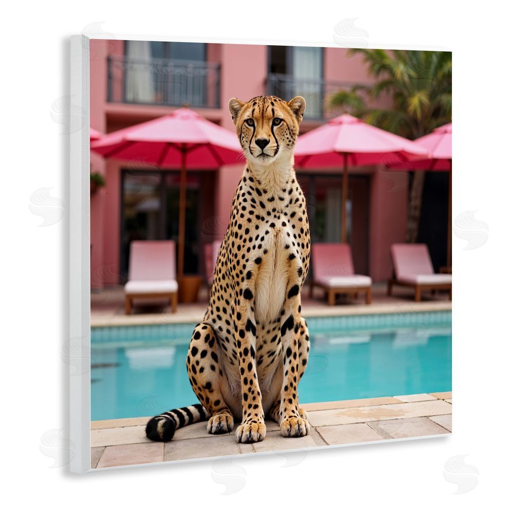 Lettered and Lined Cheetah Posed at Poolside Wooden Wall Plaque Art Print