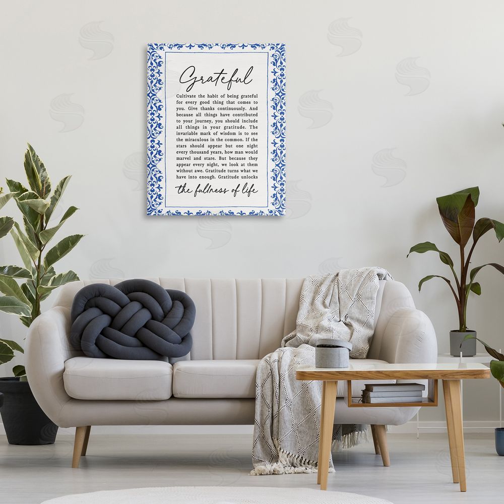 Lettered and Lined Gratitude Unlocks Fullness Of Life Stretched Canvas Wall Art Print in Room