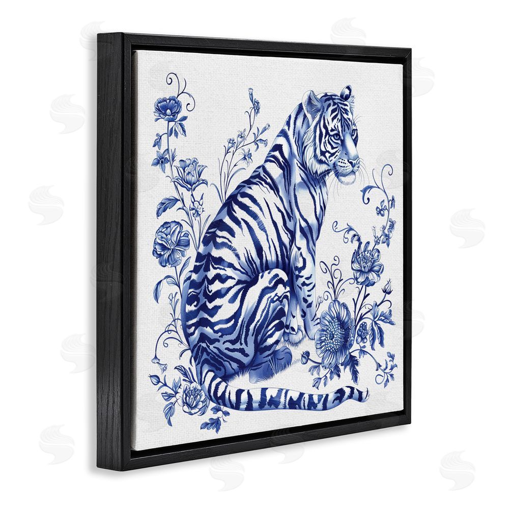 Lettered and Lined Traditional Ornate Floral Tiger Black Floating Frame Canvas Wall Art Print