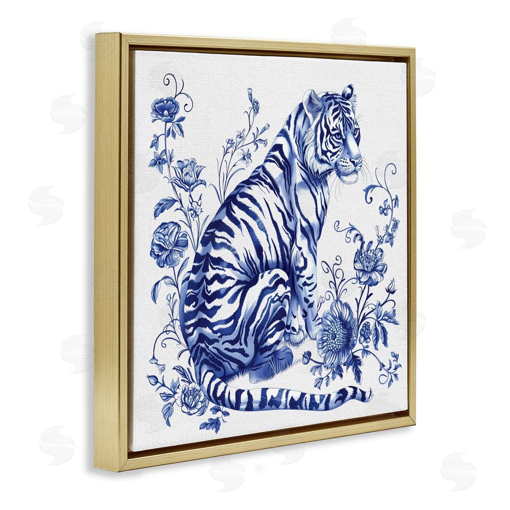 Lettered and Lined Traditional Ornate Floral Tiger Gold Floating Frame Canvas Wall Art Print