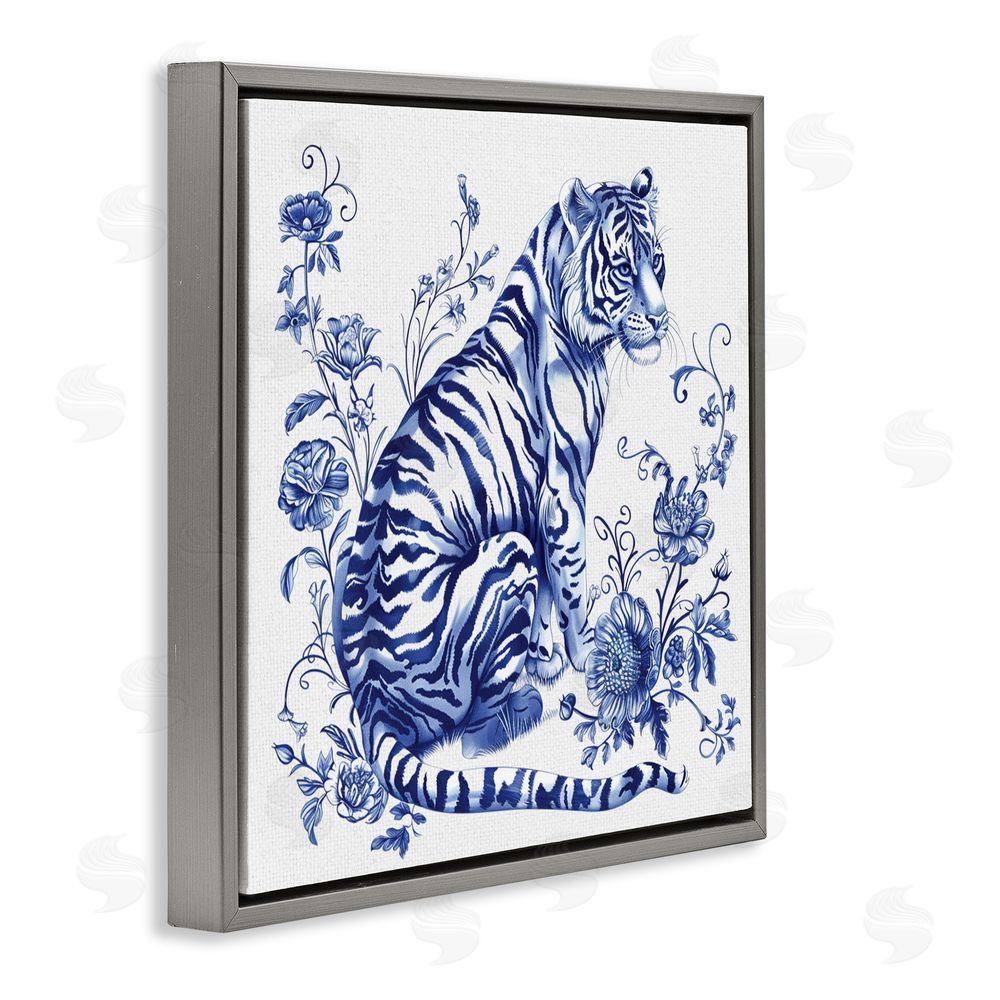 Lettered and Lined Traditional Ornate Floral Tiger Gray Floating Frame Canvas Wall Art Print