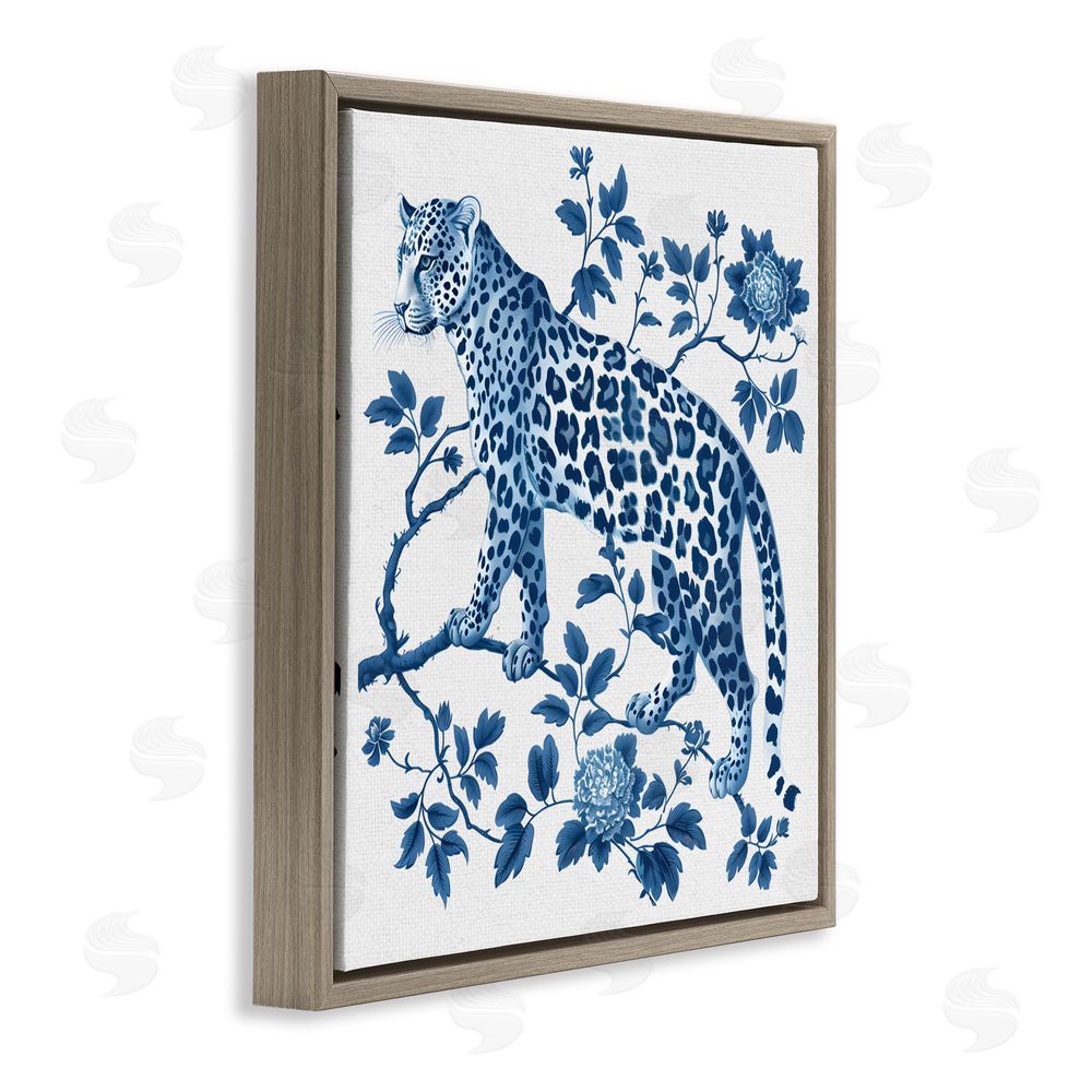 Lettered and Lined Traditional Ornate Floral Leopard Brown Floating Frame Canvas Wall Art Print