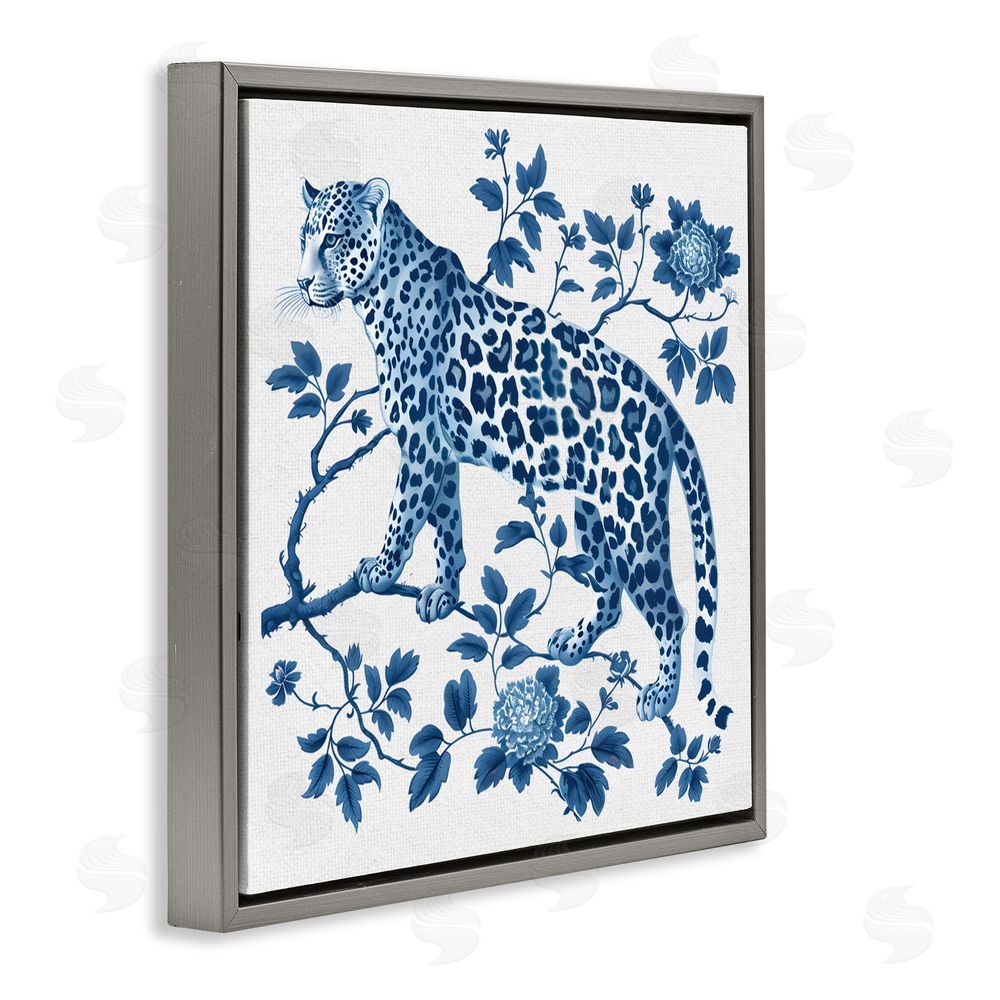 Lettered and Lined Traditional Ornate Floral Leopard Gray Floating Frame Canvas Wall Art Print