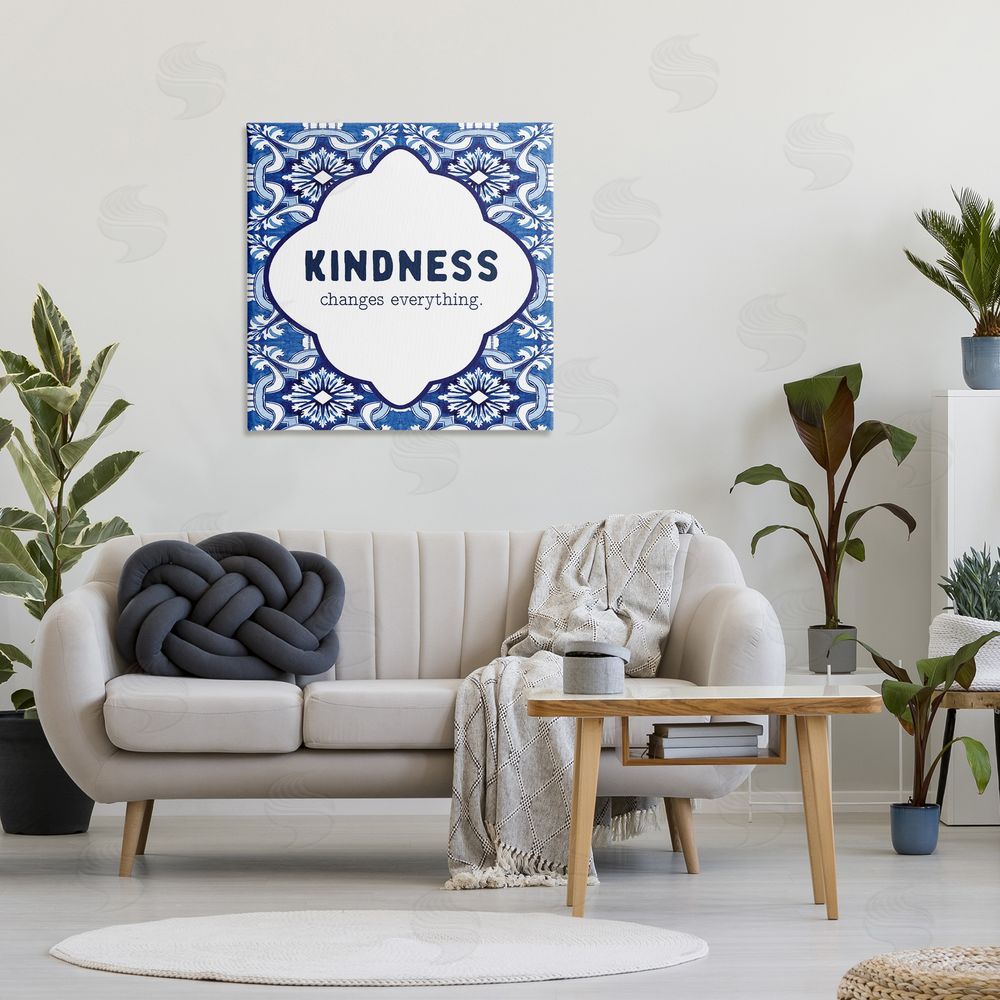 Lettered and Lined Patterned Kindness Changes Everything Stretched Canvas Wall Art Print in Room
