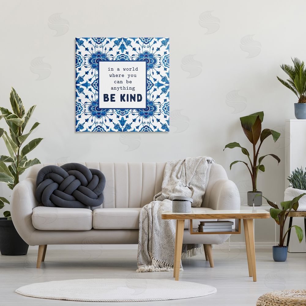 Lettered and Lined Patterned Be Kind Encouragement Stretched Canvas Wall Art Print in Room