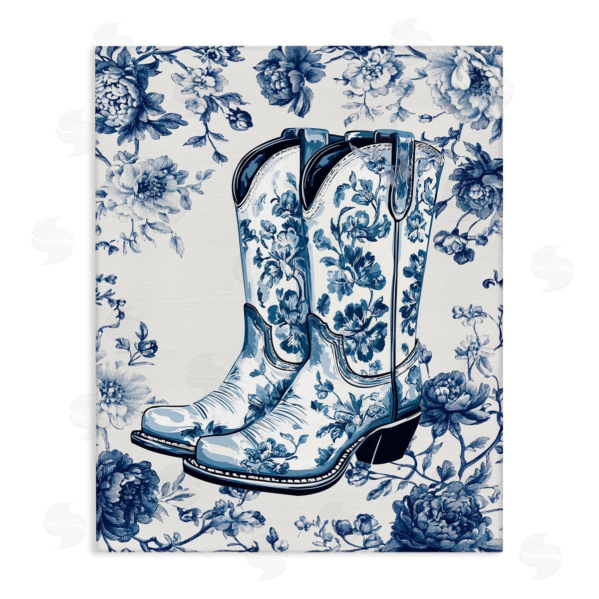 Lettered and Lined Blue Spring Florals & Boots Stretched Canvas Wall Art Print