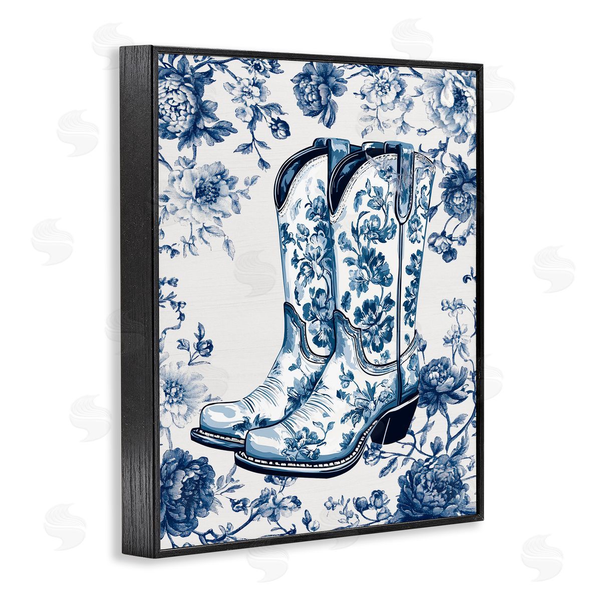Lettered and Lined Blue Spring Florals & Boots Black Framed Giclee Print Wall Art