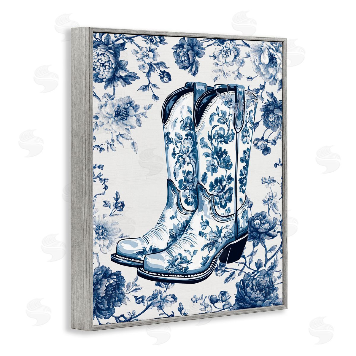 Lettered and Lined Blue Spring Florals & Boots Gray Framed Giclee Print Wall Art