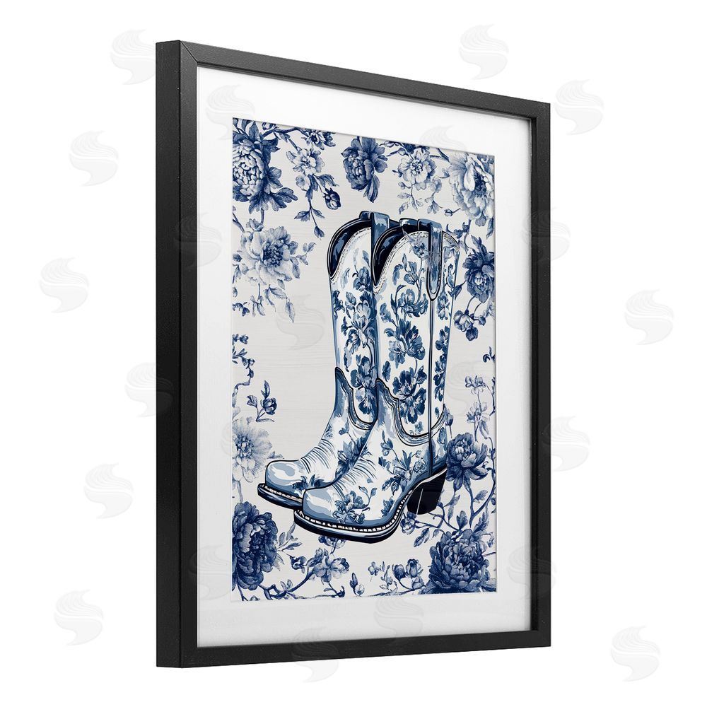 Lettered and Lined Blue Spring Florals & Boots Black Framed Print Under Glass Wall Art