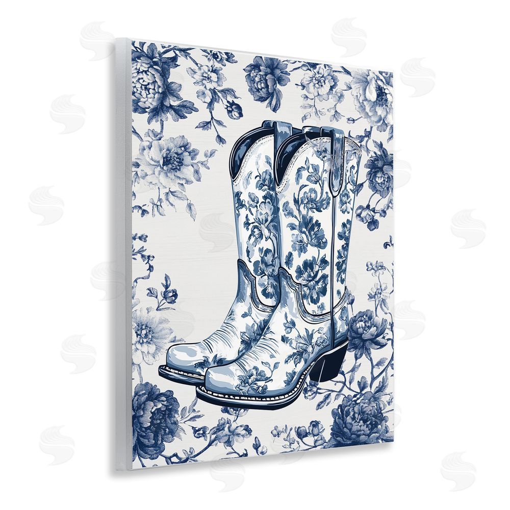 Lettered and Lined Blue Spring Florals & Boots Wooden Wall Plaque Art Print