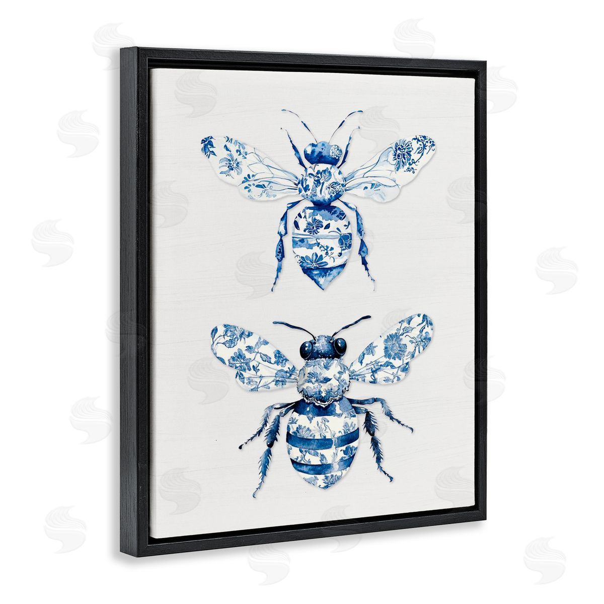 Lettered and Lined Toile Patterned Bees Black Floating Frame Canvas Wall Art Print