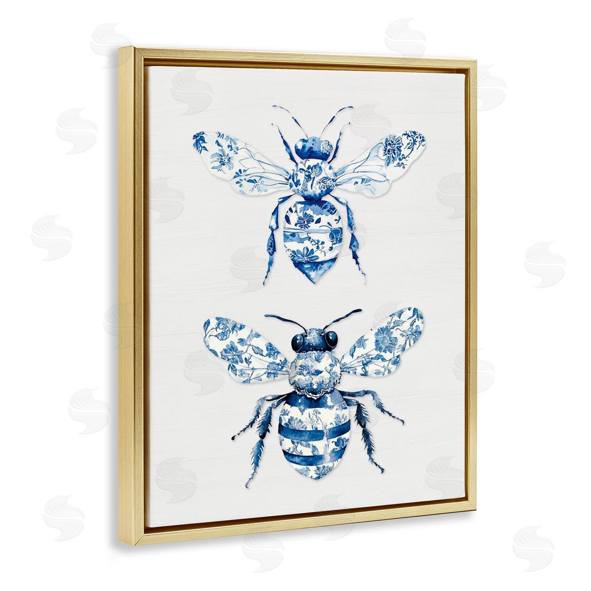 Lettered and Lined Toile Patterned Bees Gold Floating Frame Canvas Wall Art Print