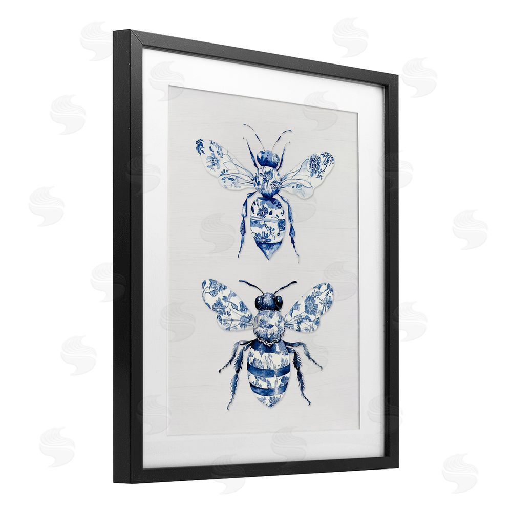 Lettered and Lined Toile Patterned Bees Black Framed Print Under Glass Wall Art