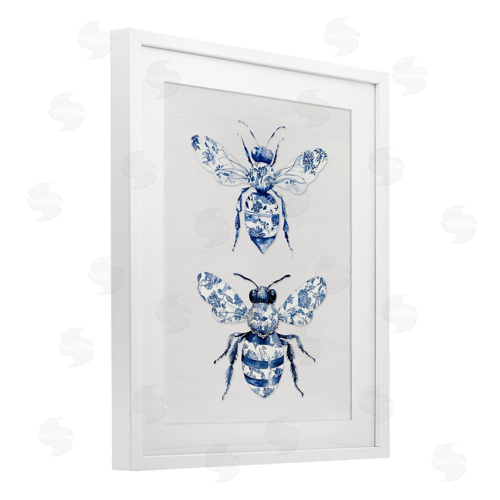 Lettered and Lined Toile Patterned Bees White Framed Print Under Glass Wall Art