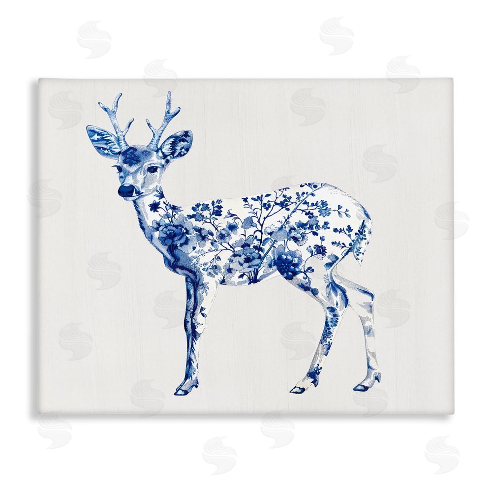Lettered and Lined Graceful Toile Deer Stretched Canvas Wall Art Print