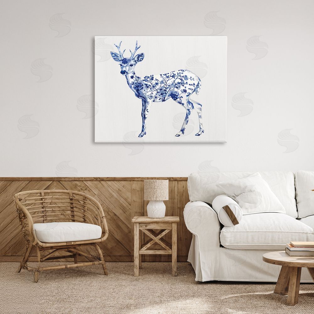 Lettered and Lined Graceful Toile Deer Stretched Canvas Wall Art Print in Room