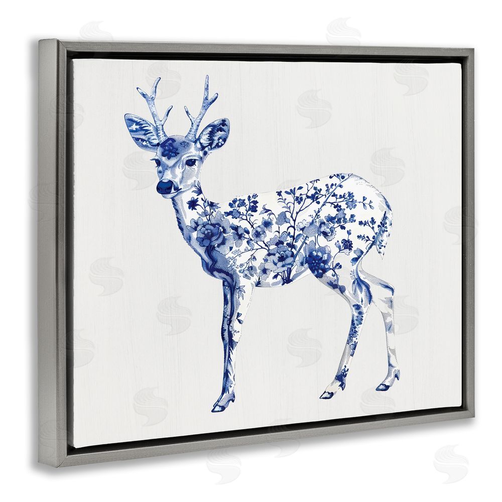 Lettered and Lined Graceful Toile Deer Gray Floating Frame Canvas Wall Art Print