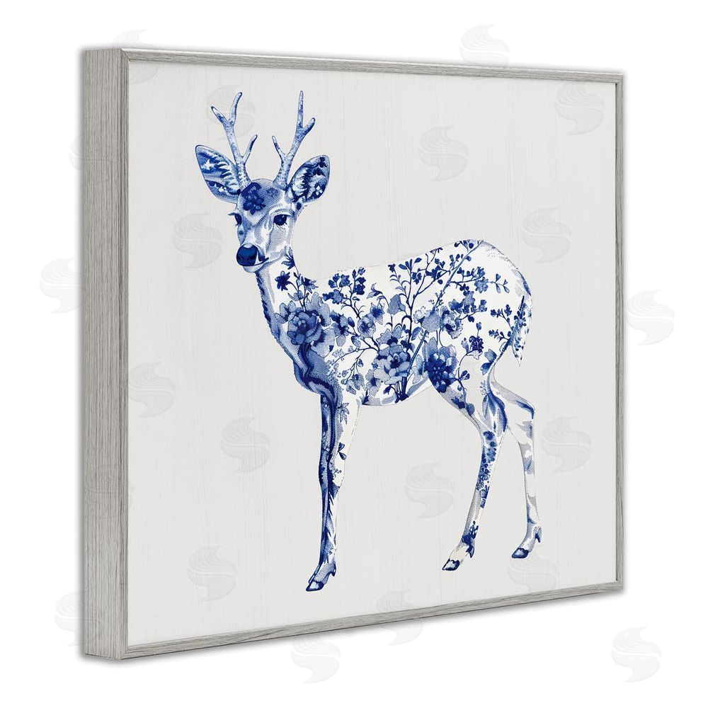 Lettered and Lined Graceful Toile Deer Gray Framed Giclee Print Wall Art