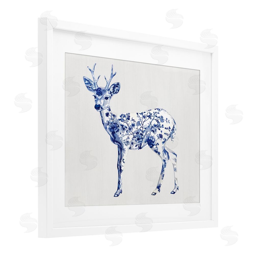 Lettered and Lined Graceful Toile Deer White Framed Print Under Glass Wall Art
