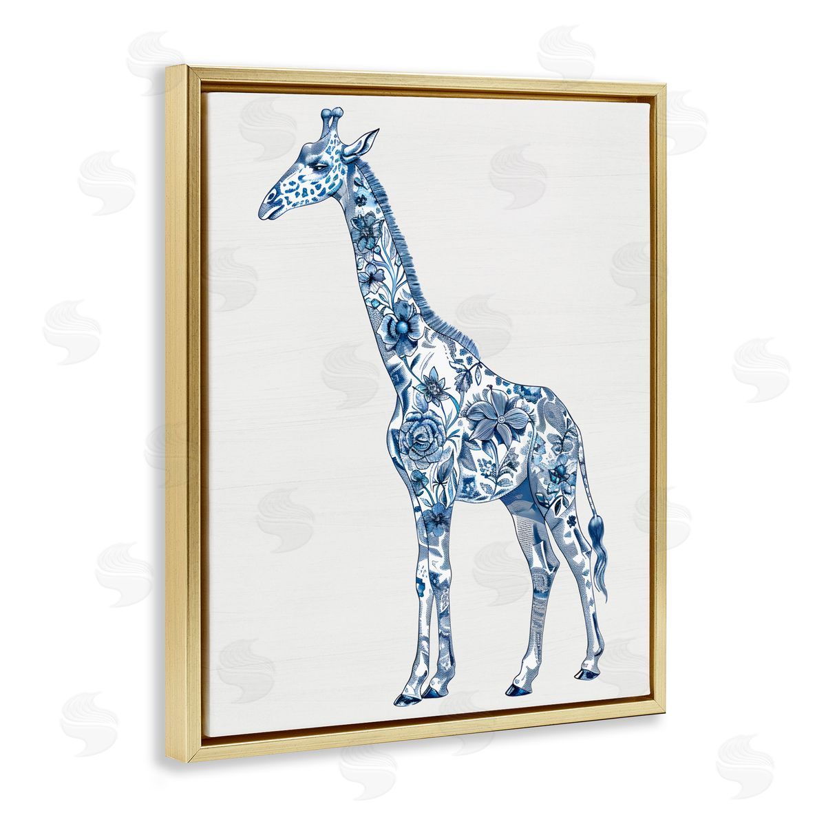 Lettered and Lined Vintage Toile Giraffe Gold Floating Frame Canvas Wall Art Print