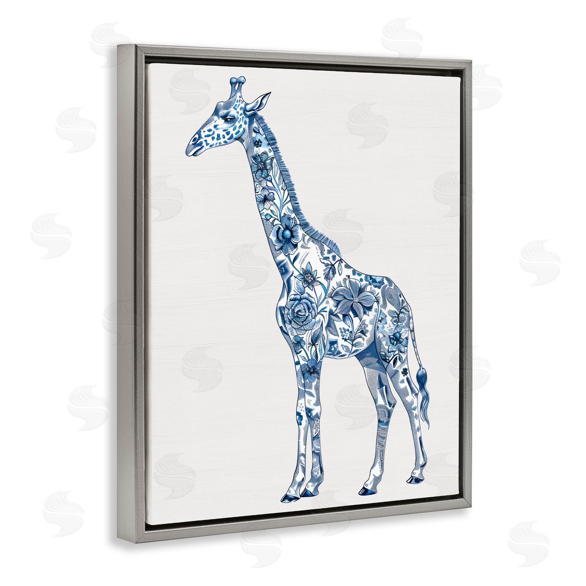 Lettered and Lined Vintage Toile Giraffe Gray Floating Frame Canvas Wall Art Print