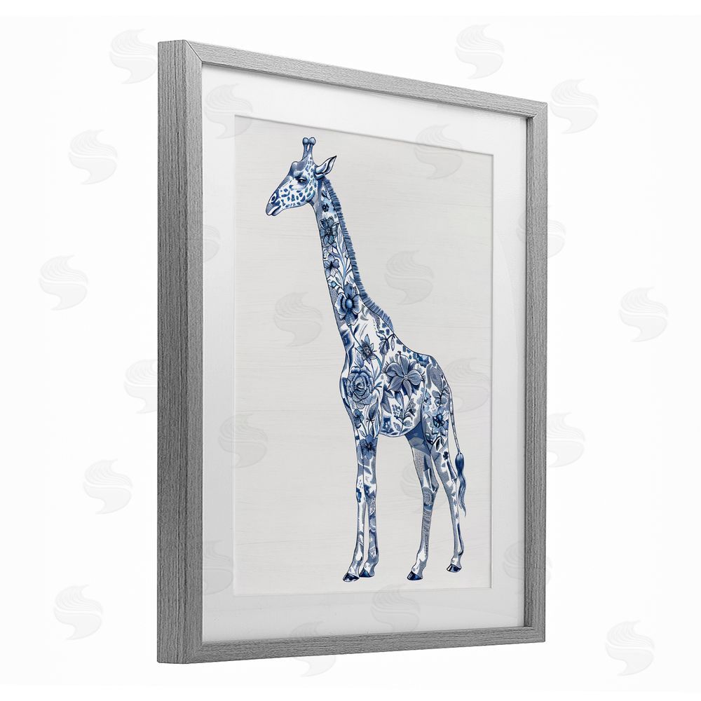 Lettered and Lined Vintage Toile Giraffe Gray Framed Print Under Glass Wall Art